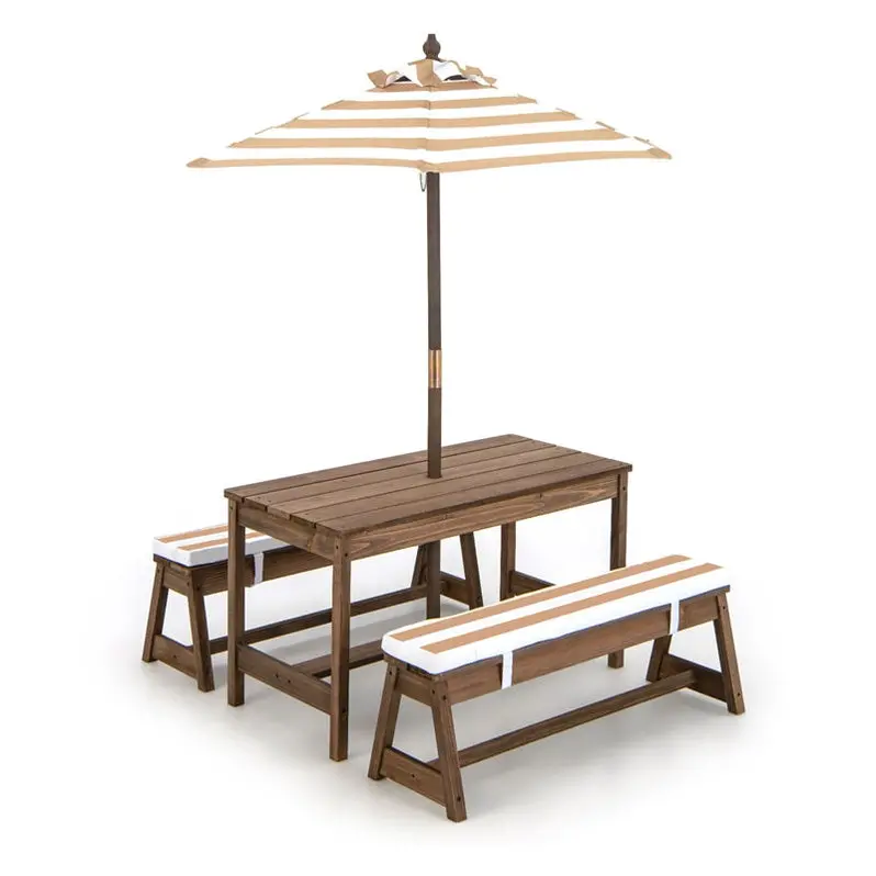 Kids’ Outdoor Picnic Table & Bench Set – Wooden Play Table with Cushioned Seats & Height-Adjustable Umbrella
