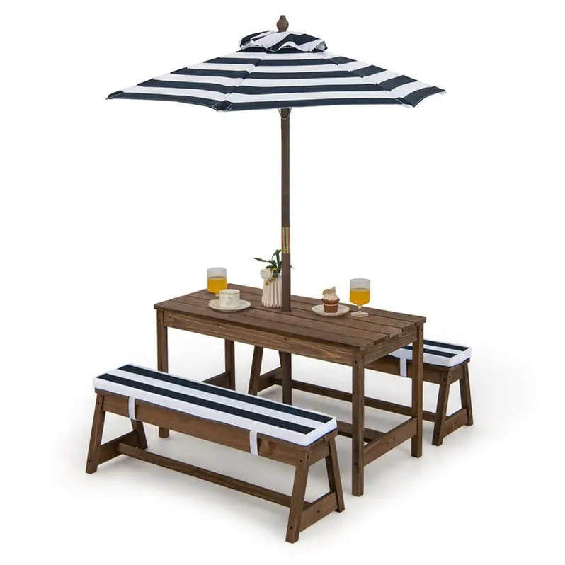 Kids’ Outdoor Picnic Table & Bench Set – Wooden Play Table with Cushioned Seats & Height-Adjustable Umbrella