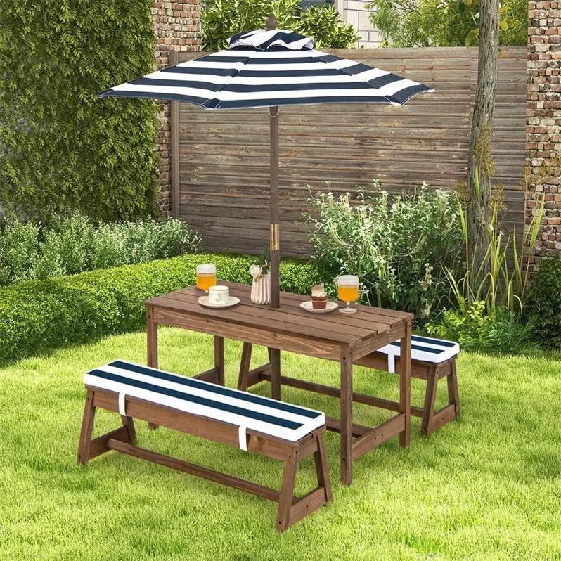 Kids’ Outdoor Picnic Table & Bench Set – Wooden Play Table with Cushioned Seats & Height-Adjustable Umbrella