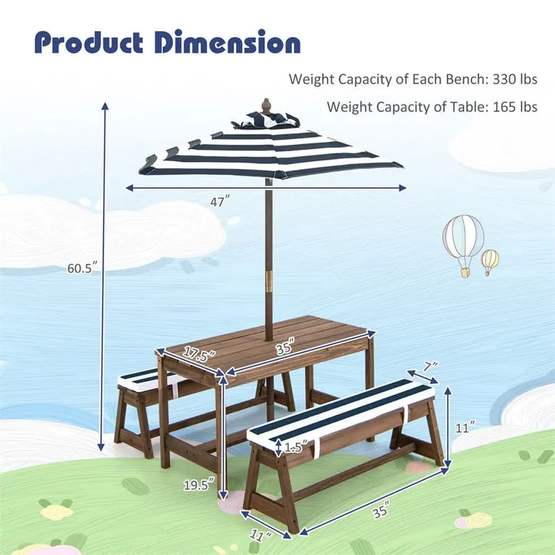 Kids’ Outdoor Picnic Table & Bench Set – Wooden Play Table with Cushioned Seats & Height-Adjustable Umbrella