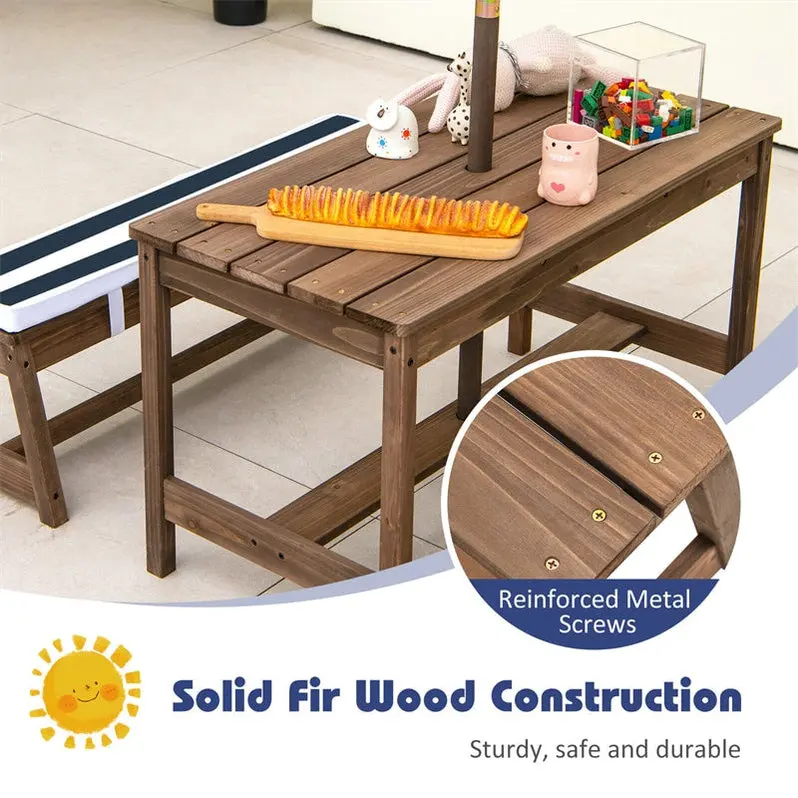 Kids’ Outdoor Picnic Table & Bench Set – Wooden Play Table with Cushioned Seats & Height-Adjustable Umbrella