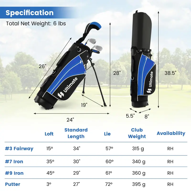 Kids’ Right-Handed Golf Set for Ages 8–10 — Compact Starter Kit with Stand Bag