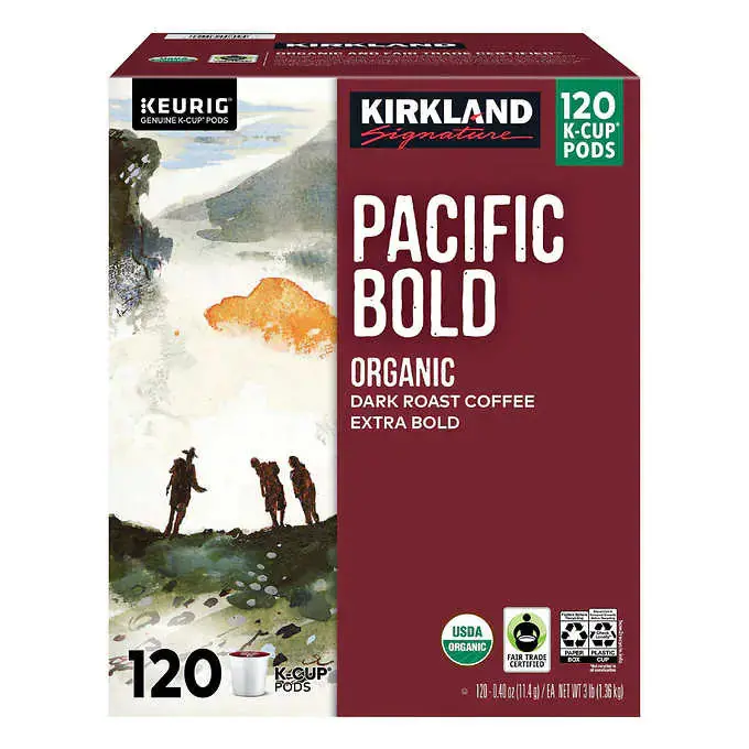 Kirkland Signature Organic Pacific Bold Dark Roast K-Cup Pods – 120-Count, USDA Certified Organic, Keurig-Compatible