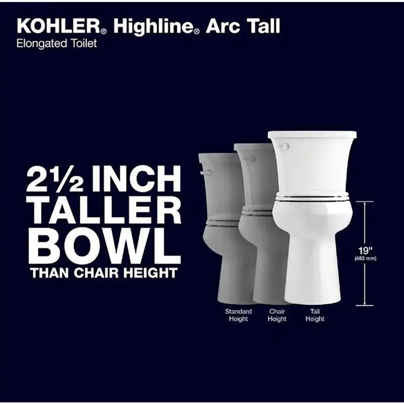 KOHLER Highline Arc Extra-Tall 2-Piece Elongated Toilet – Efficient 1.28 GPF Flush, White Finish with Integrated Soft-Close Seat (Model 78305-0)