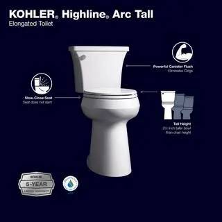 KOHLER Highline Arc Extra-Tall 2-Piece Elongated Toilet – Efficient 1.28 GPF Flush, White Finish with Integrated Soft-Close Seat (Model 78305-0)
