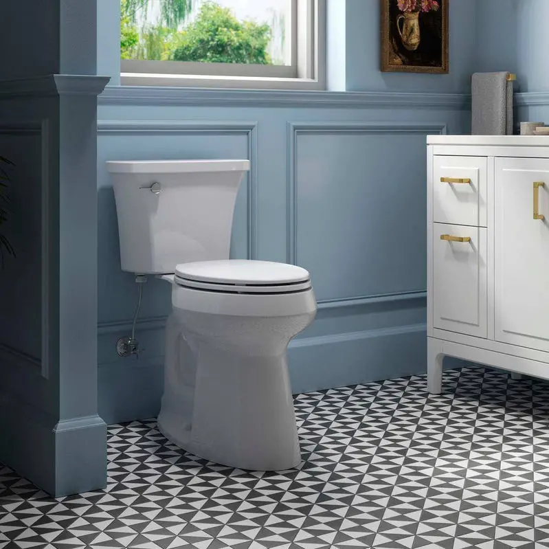 KOHLER Highline Arc Tall-Height Elongated Toilet – Water-Saving 1.28 GPF Design, White Ceramic Construction with Matching Seat (78305-0)