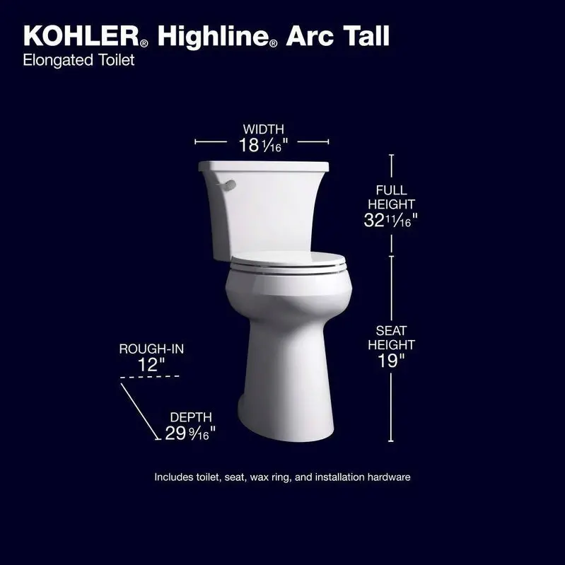 KOHLER Highline Arc Tall-Height Elongated Toilet – Water-Saving 1.28 GPF Design, White Ceramic Construction with Matching Seat (78305-0)