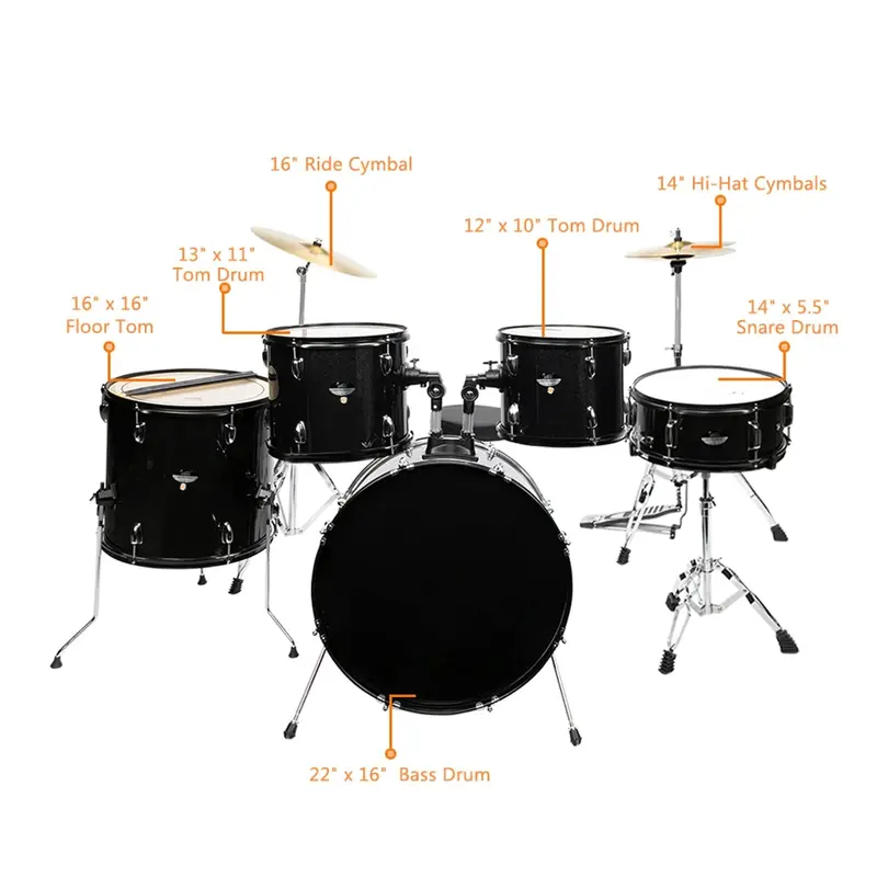 Ktaxon 5-Piece Full-Size Adult Drum Set — Includes 22" Bass Drum, Cymbals, Adjustable Throne & Drumsticks