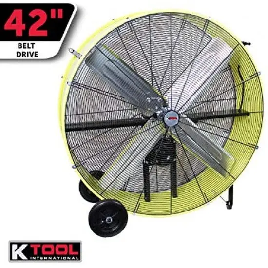 KTI Industrial 42-Inch Belt-Drive Drum Fan – Dual-Speed, Safety Yellow Finish with Rubber-Cushioned Mobility Wheels