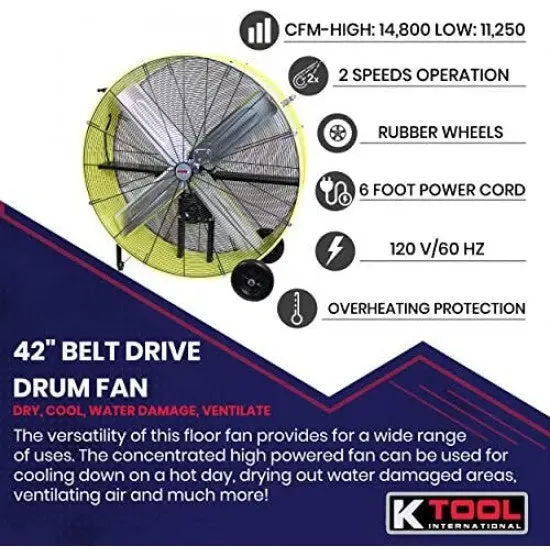 KTI Industrial 42-Inch Belt-Drive Drum Fan – Dual-Speed, Safety Yellow Finish with Rubber-Cushioned Mobility Wheels