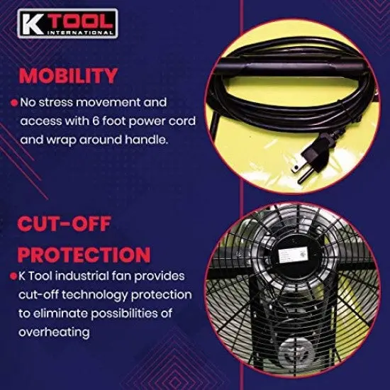 KTI Industrial 42-Inch Belt-Drive Drum Fan – Dual-Speed, Safety Yellow Finish with Rubber-Cushioned Mobility Wheels