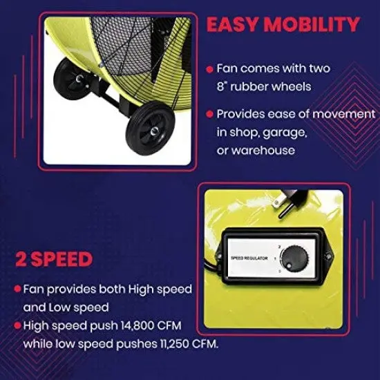 KTI Industrial 42-Inch Belt-Drive Drum Fan – Dual-Speed, Safety Yellow Finish with Rubber-Cushioned Mobility Wheels