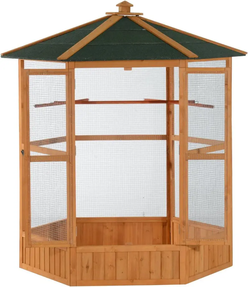 Large Hexagonal Wooden Aviary for Outdoor Birds | Covered Roof Flight Cage with Natural Aesthetic | Spacious Enclosure for Medium-to-Large Species
