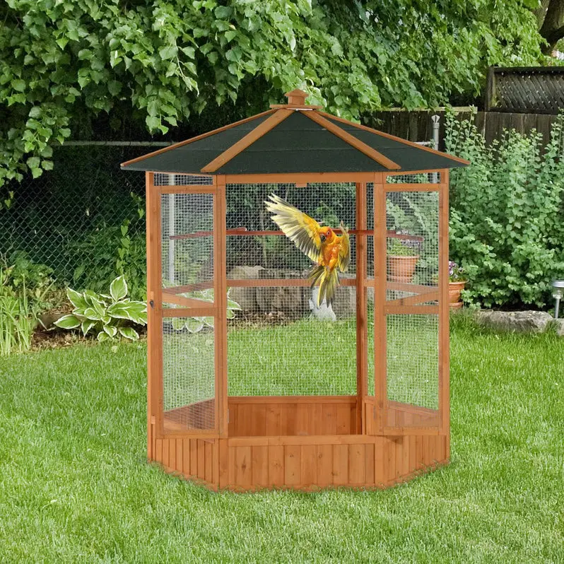 Large Hexagonal Wooden Aviary for Outdoor Birds | Covered Roof Flight Cage with Natural Aesthetic | Spacious Enclosure for Medium-to-Large Species