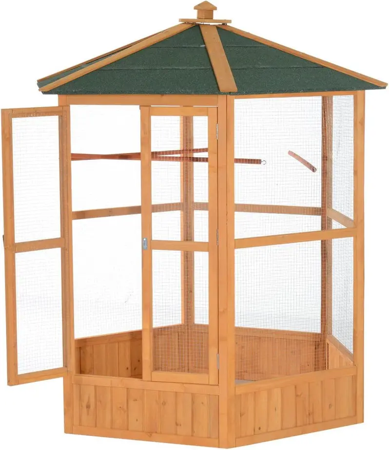 Large Hexagonal Wooden Aviary for Outdoor Birds | Covered Roof Flight Cage with Natural Aesthetic | Spacious Enclosure for Medium-to-Large Species