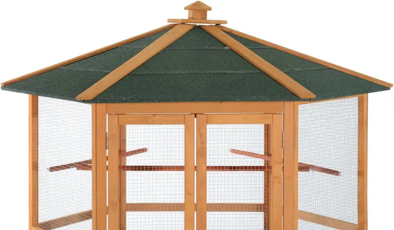 Large Hexagonal Wooden Aviary for Outdoor Birds | Covered Roof Flight Cage with Natural Aesthetic | Spacious Enclosure for Medium-to-Large Species