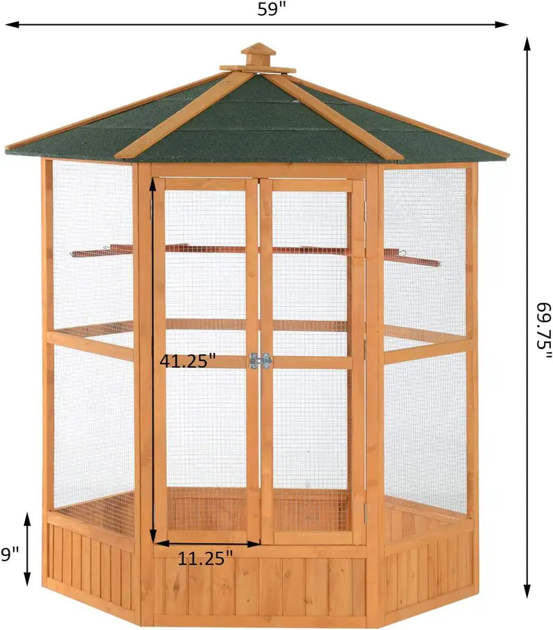 Large Hexagonal Wooden Aviary for Outdoor Birds | Covered Roof Flight Cage with Natural Aesthetic | Spacious Enclosure for Medium-to-Large Species