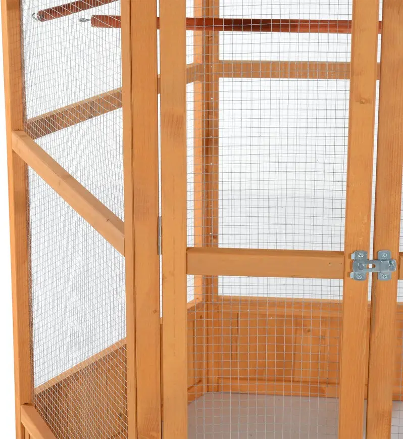 Large Hexagonal Wooden Aviary for Outdoor Birds | Covered Roof Flight Cage with Natural Aesthetic | Spacious Enclosure for Medium-to-Large Species