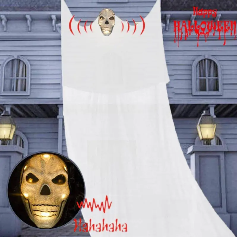 Large Yarn-Wrapped LED Ghost Hanging Light – Indoor/Outdoor Spooky Halloween Decor