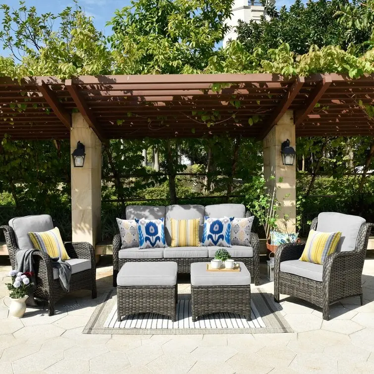 Latimer Wicker 5-Piece Outdoor Patio Set – Weather-Resistant Rattan Seating with UV-Stable Cushions and Powder-Coated Frames