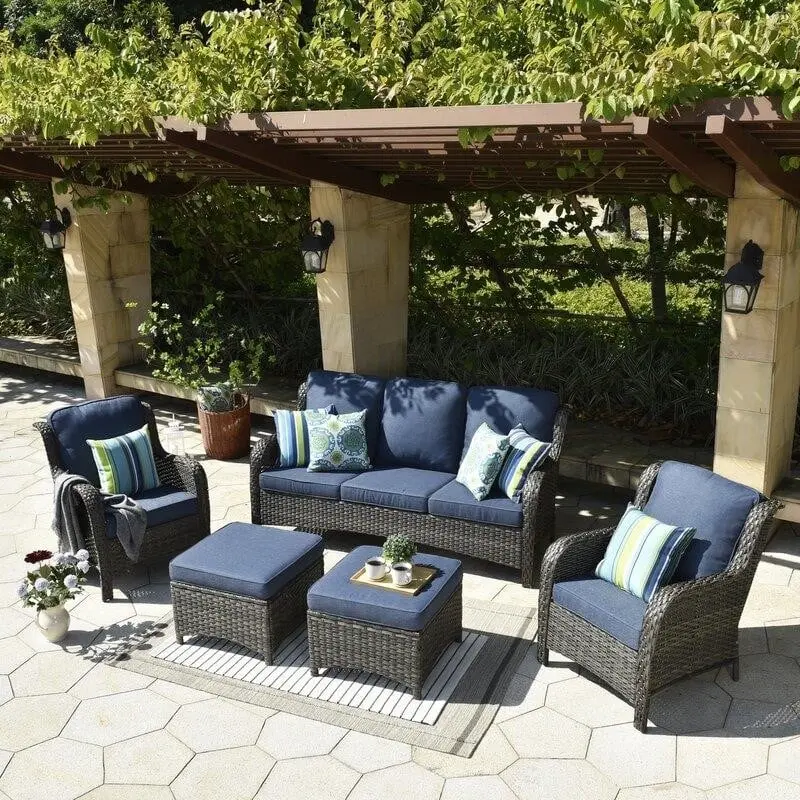Latimer Wicker 5-Piece Outdoor Patio Set – Weather-Resistant Rattan Seating with UV-Stable Cushions and Powder-Coated Frames