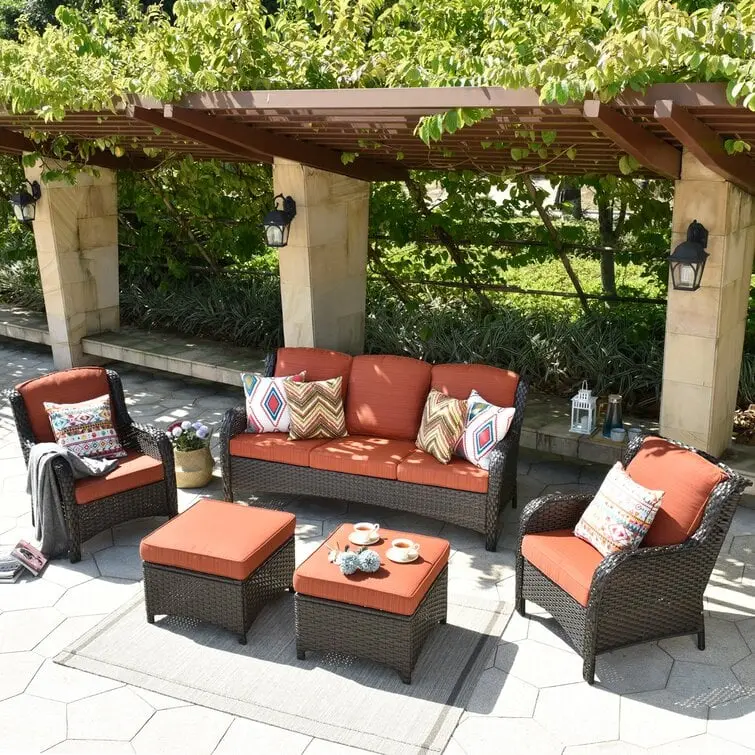 Latimer Wicker 5-Piece Outdoor Patio Set – Weather-Resistant Rattan Seating with UV-Stable Cushions and Powder-Coated Frames