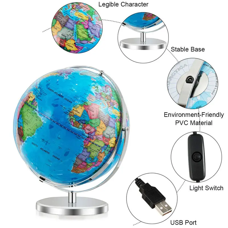 LED-Illuminated Desktop World Globe – Educational Geographic Model