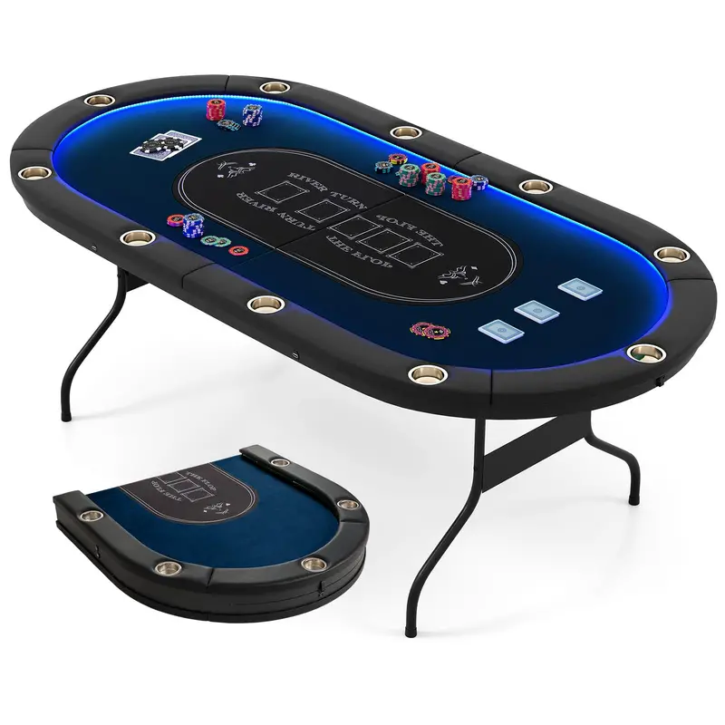 LED-Lit Folding Poker Table for Home Game Nights — 84" Wide, Supports Texas Hold’em and Blackjack