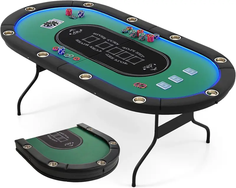LED-Lit Folding Poker Table for Home Game Nights — 84" Wide, Supports Texas Hold’em and Blackjack