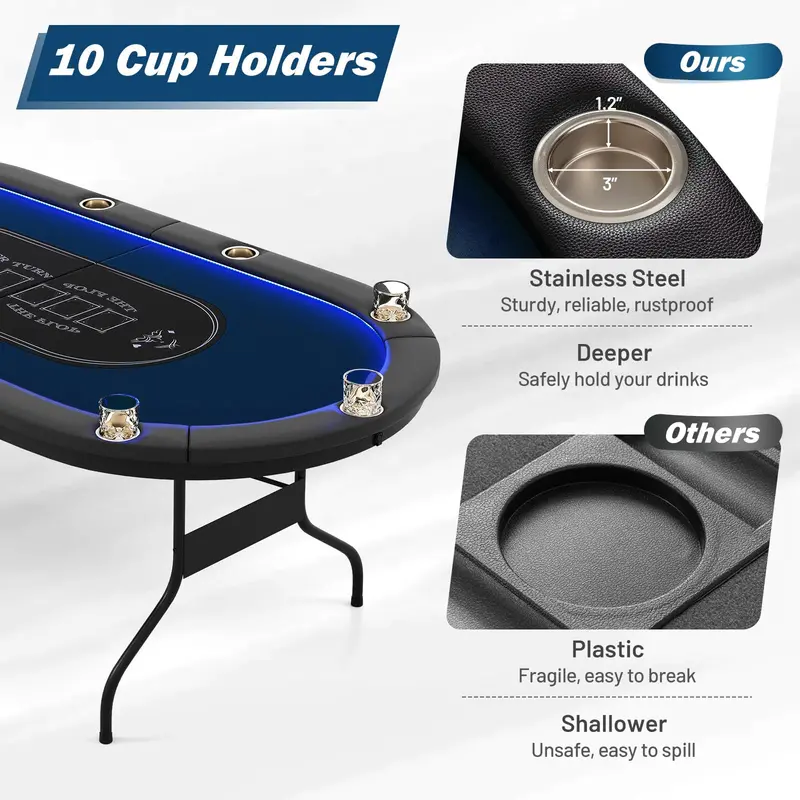 LED-Lit Folding Poker Table for Home Game Nights — 84" Wide, Supports Texas Hold’em and Blackjack