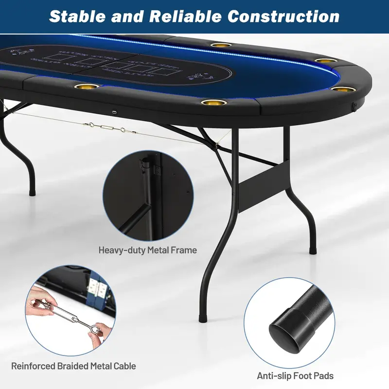LED-Lit Folding Poker Table for Home Game Nights — 84" Wide, Supports Texas Hold’em and Blackjack