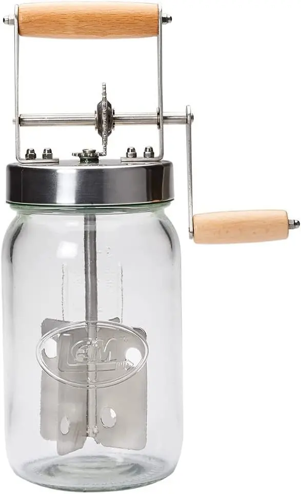 LEM 1226 Stainless Steel Butter Churn – 28-Oz Glass Jar, BPA-Free, Manual Hand-Crank Design
