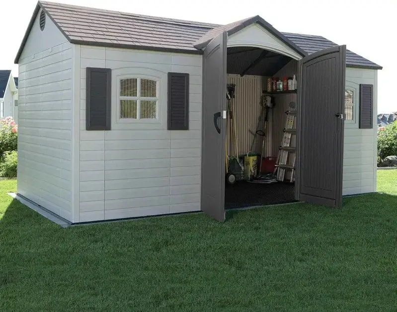 Lifetime 8 ft x 15 ft Outdoor Storage Shed – Desert Sand Polyethylene Panels with Reinforced Steel Frame