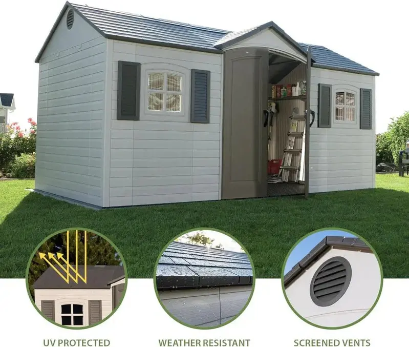 Lifetime 8 ft x 15 ft Outdoor Storage Shed – Desert Sand Polyethylene Panels with Reinforced Steel Frame