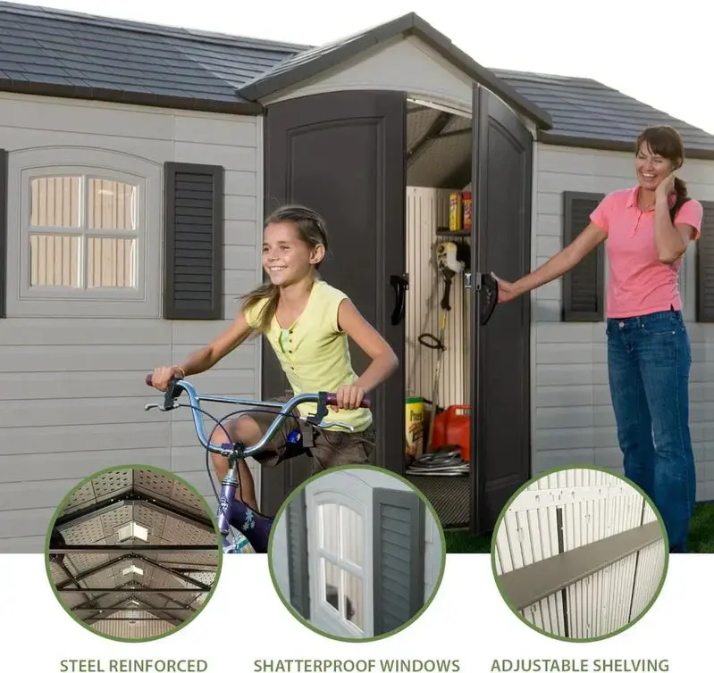 Lifetime 8 ft x 15 ft Outdoor Storage Shed – Desert Sand Polyethylene Panels with Reinforced Steel Frame