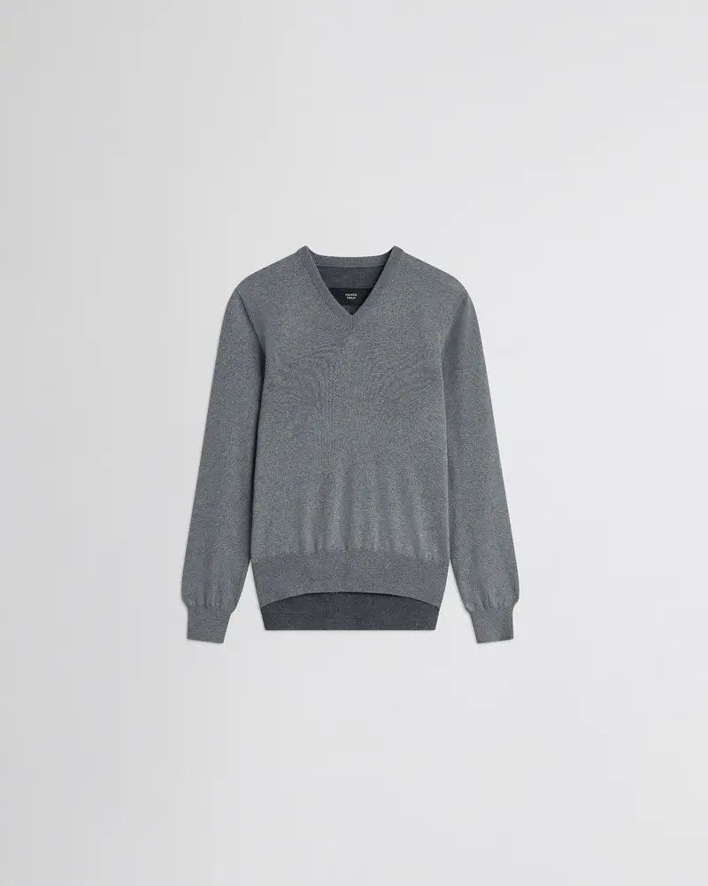 Light Grey Wool Sculpted V-Neck Sweater With Contrast Yoke