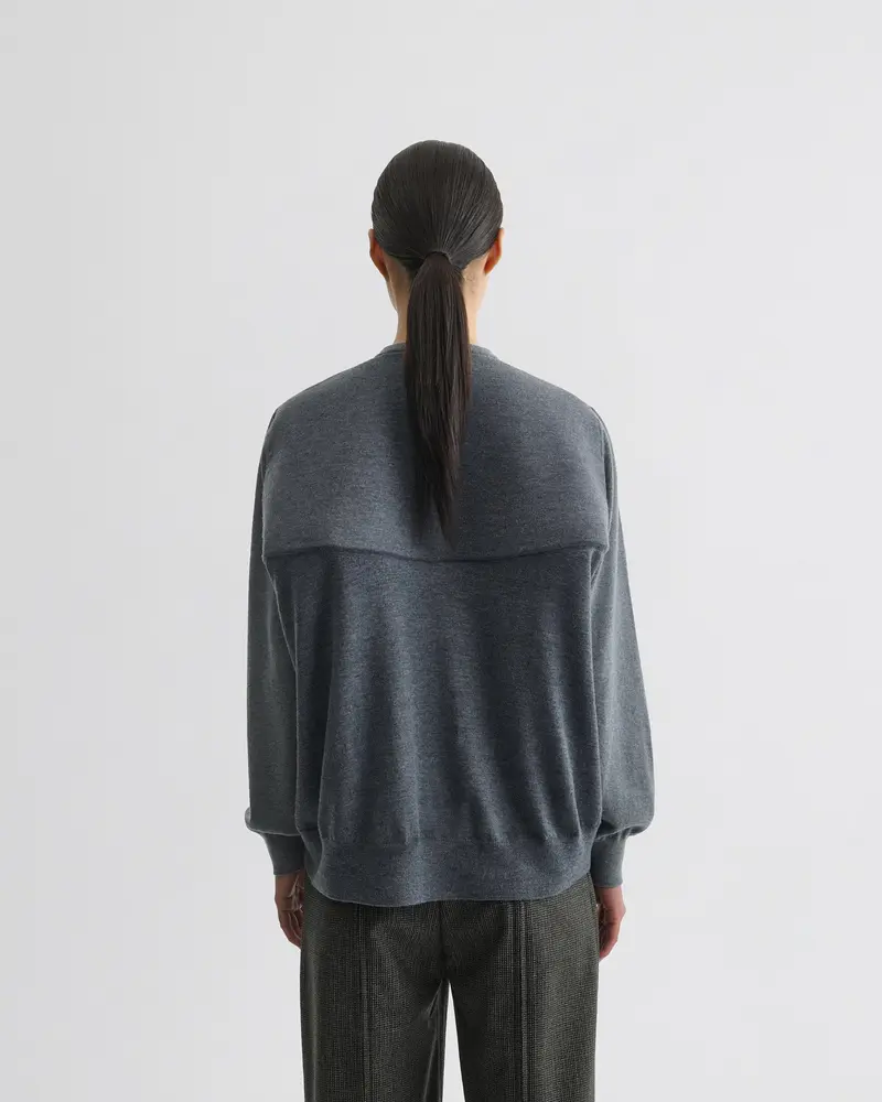 Light Grey Wool Sculpted V-Neck Sweater With Contrast Yoke
