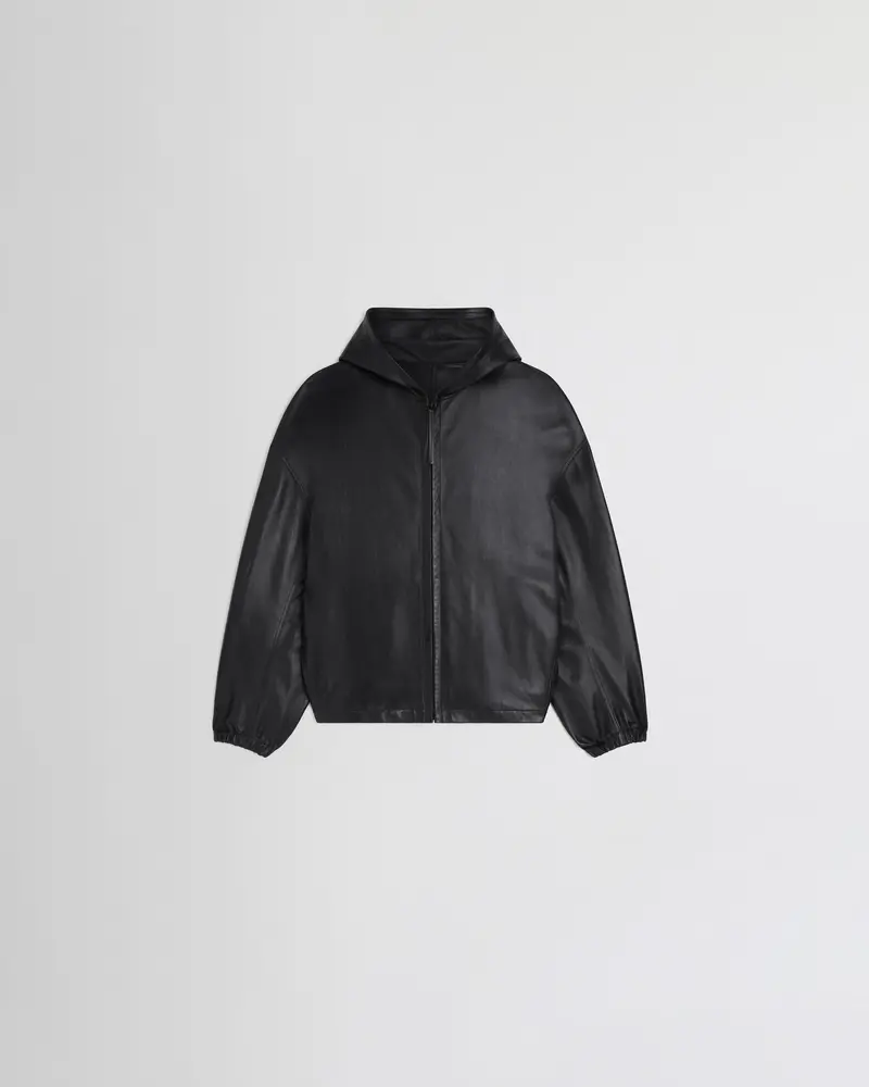 Lightweight Black Leather Hooded Bomber Jacket