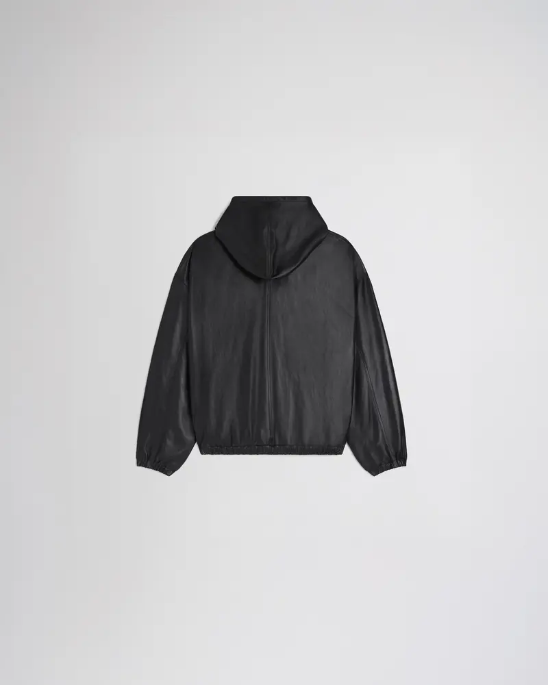Lightweight Black Leather Hooded Bomber Jacket 2