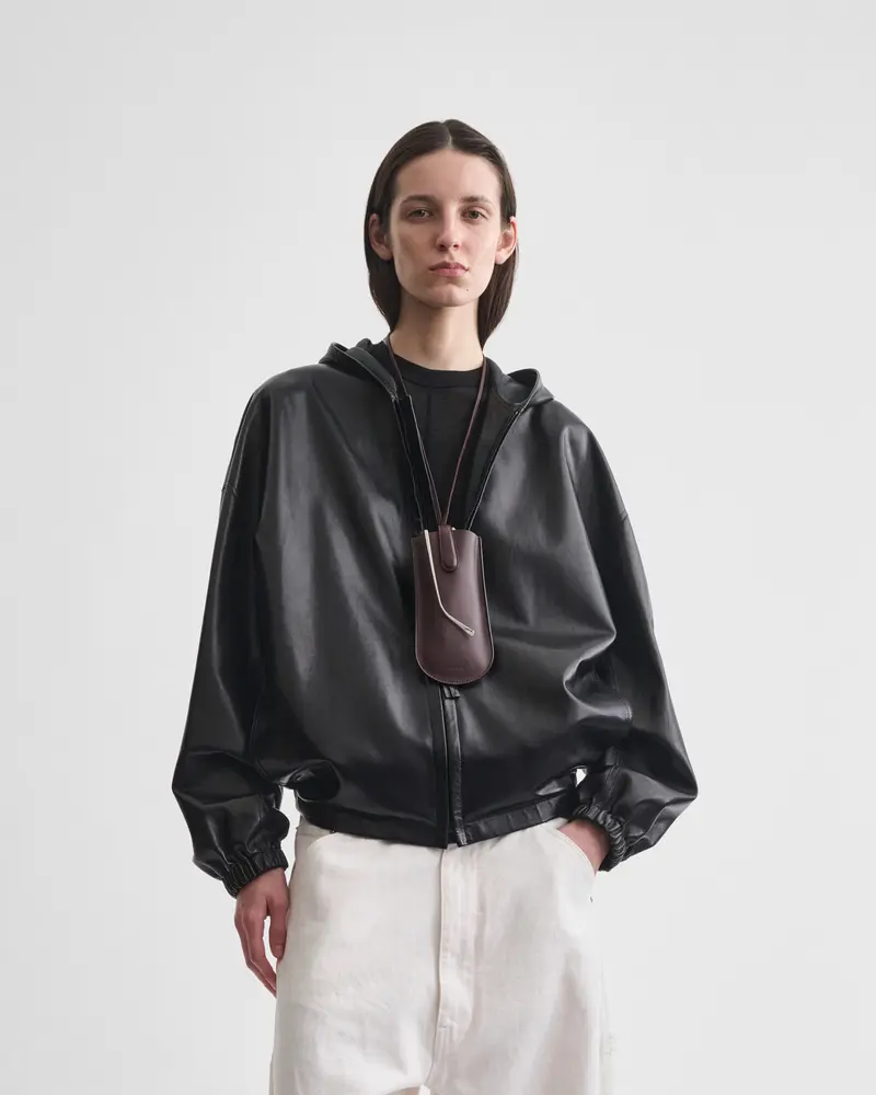 Lightweight Black Leather Hooded Bomber Jacket