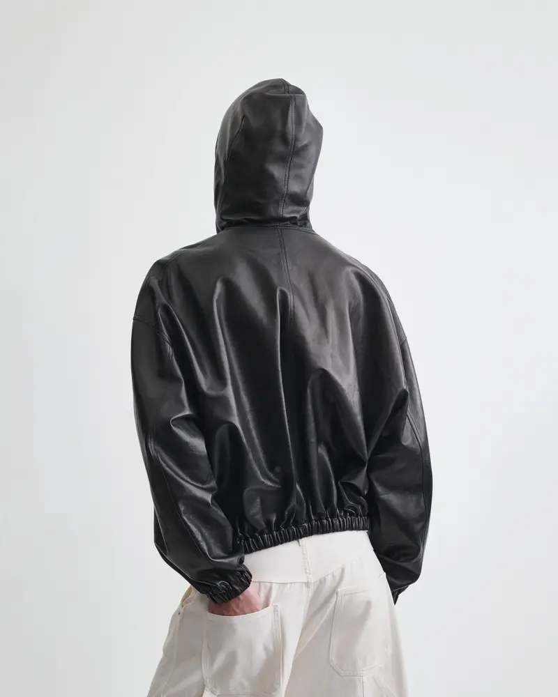 Lightweight Black Leather Hooded Bomber Jacket
