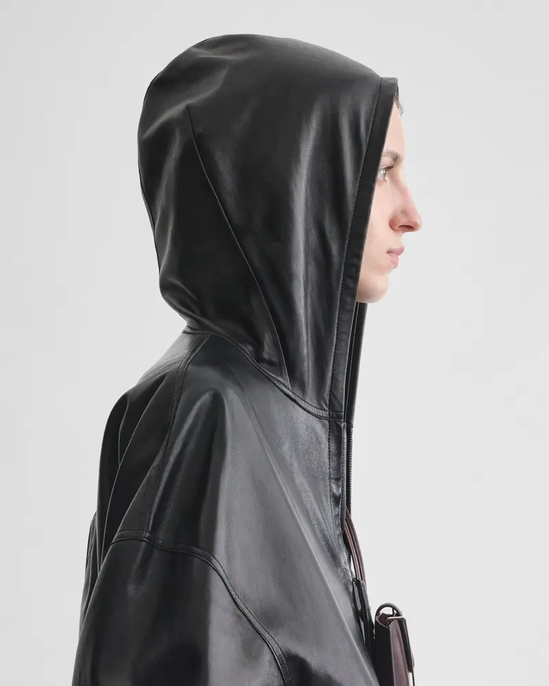 Lightweight Black Leather Hooded Bomber Jacket