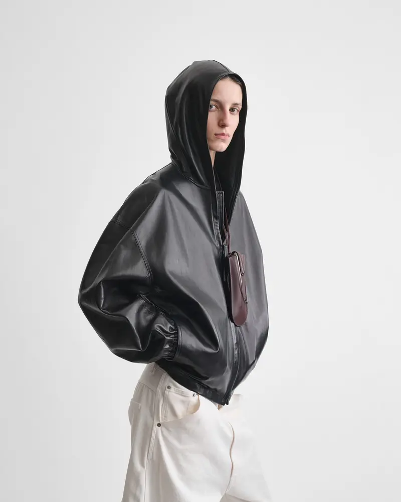 Lightweight Black Leather Hooded Bomber Jacket