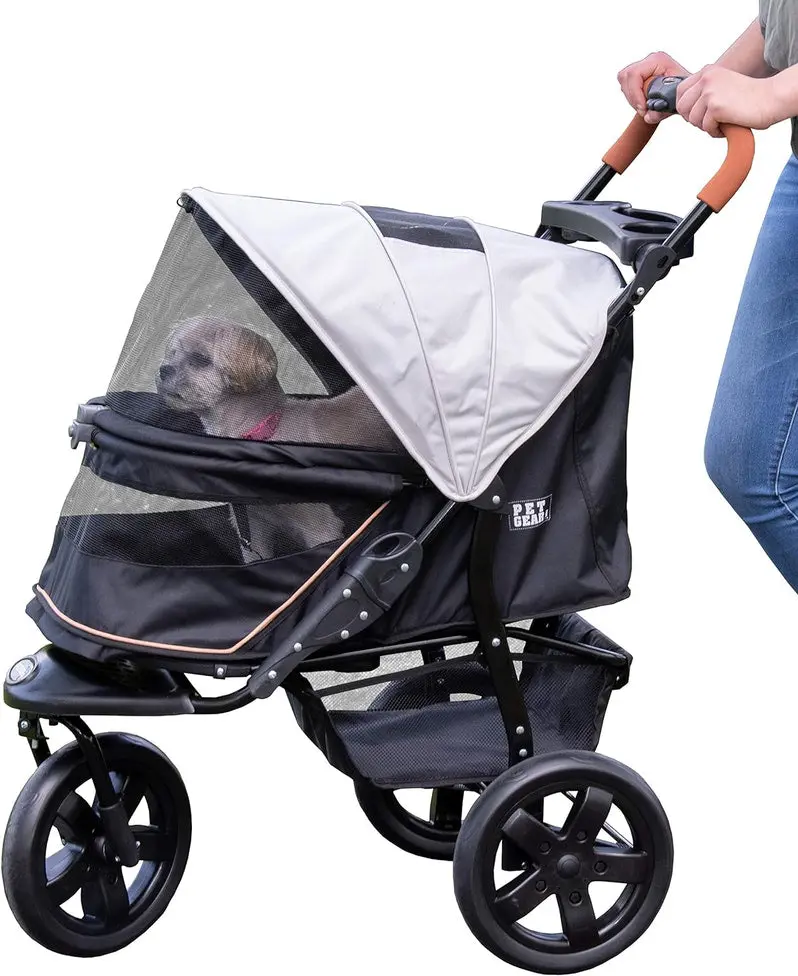 Lightweight No-Zip Pet Stroller by Pet Gear AT3 – One-Hand Fold, Jogging Wheels, Removable Liner, Cup Holder & Storage Basket