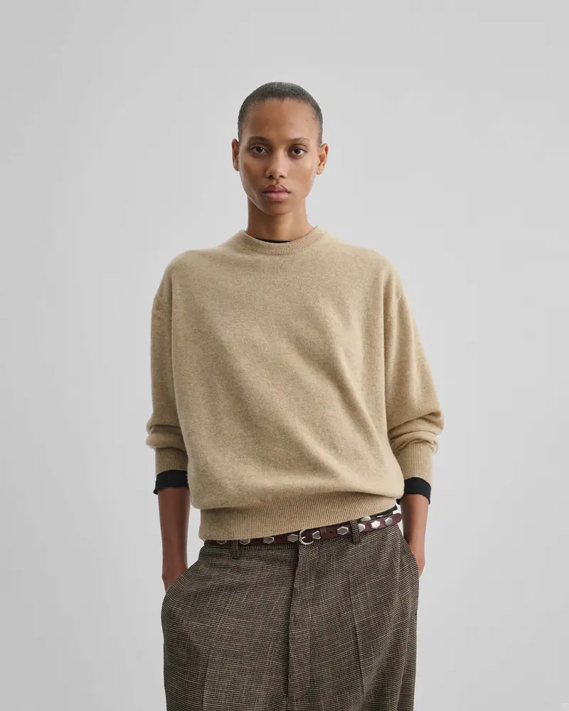 Lightweight Oatmeal Wool-Cashmere Crewneck Sweater