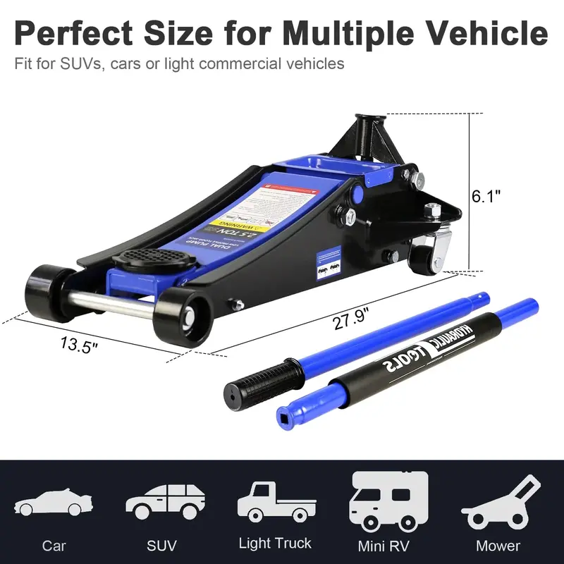 Low-Profile 3-Ton Hydraulic Floor Jack – Dual-Piston Rapid Lift, Adjustable Height Range (5.1" to 20")