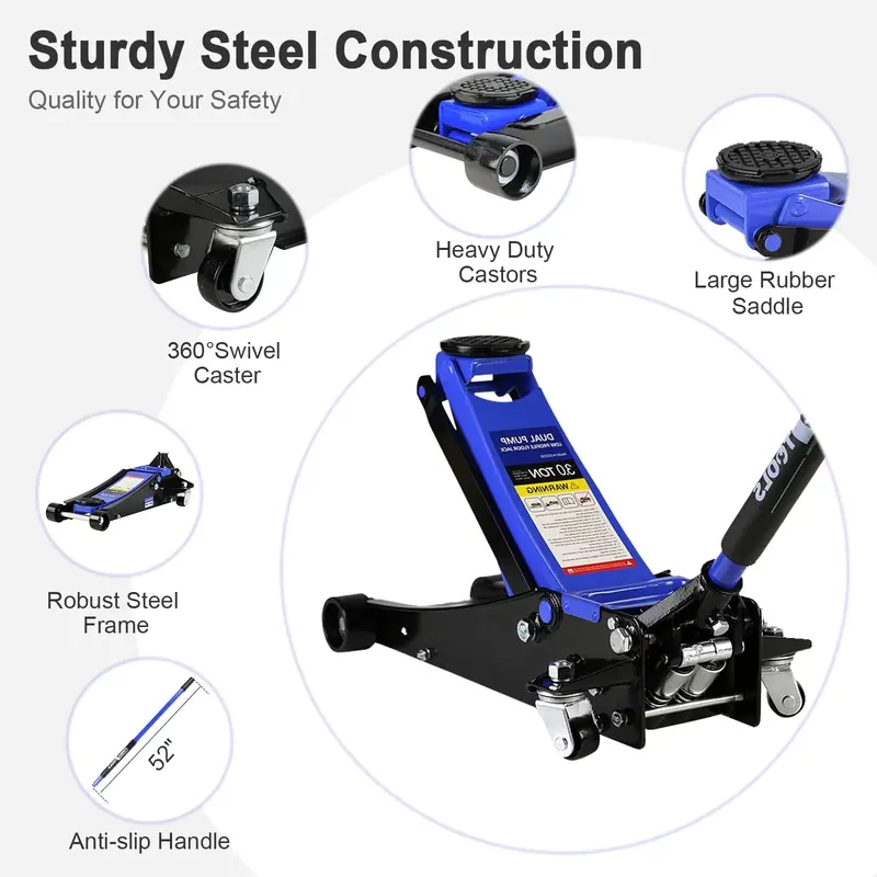Low-Profile 3-Ton Hydraulic Floor Jack – Dual-Piston Rapid Lift, Adjustable Height Range (5.1" to 20")