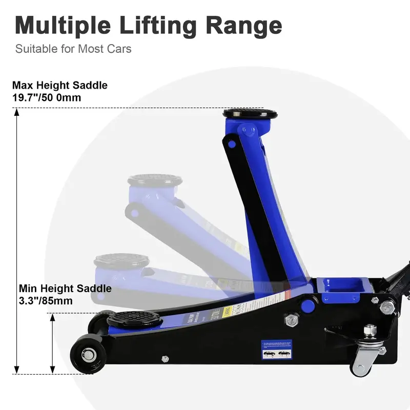 Low-Profile 3-Ton Hydraulic Floor Jack – Dual-Piston Rapid Lift, Adjustable Height Range (5.1" to 20")