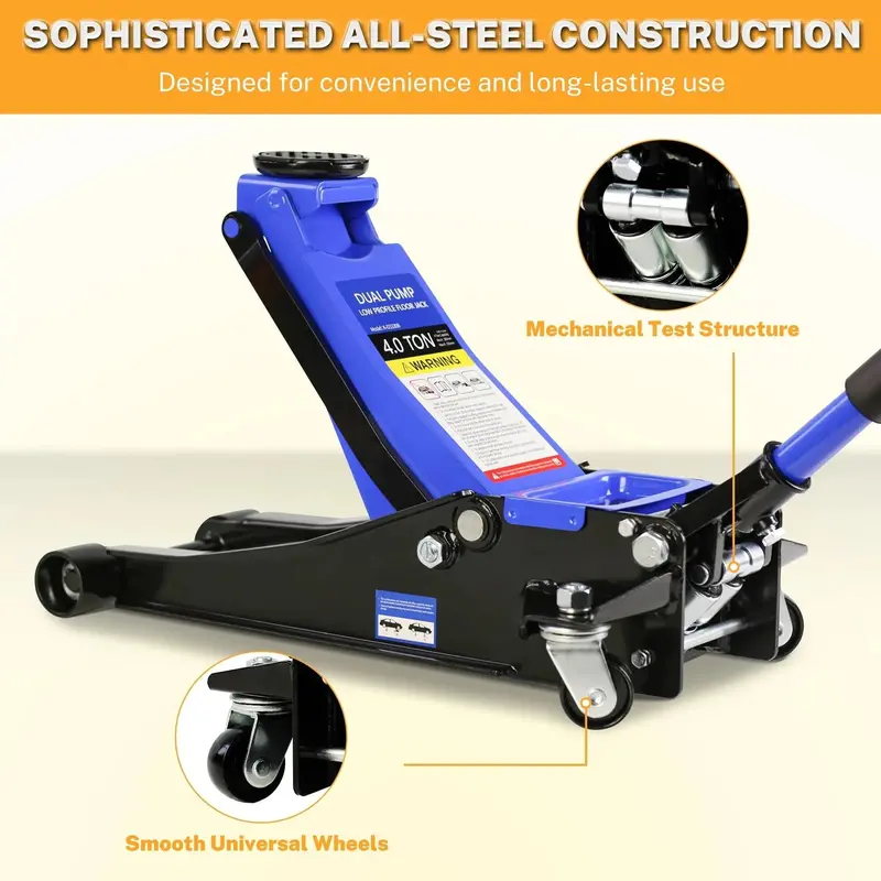 Low-Profile Floor Jack: 4-Ton Dual-Piston Trolley Lift with 4"–21" Height Range & 8000 lb Capacity
