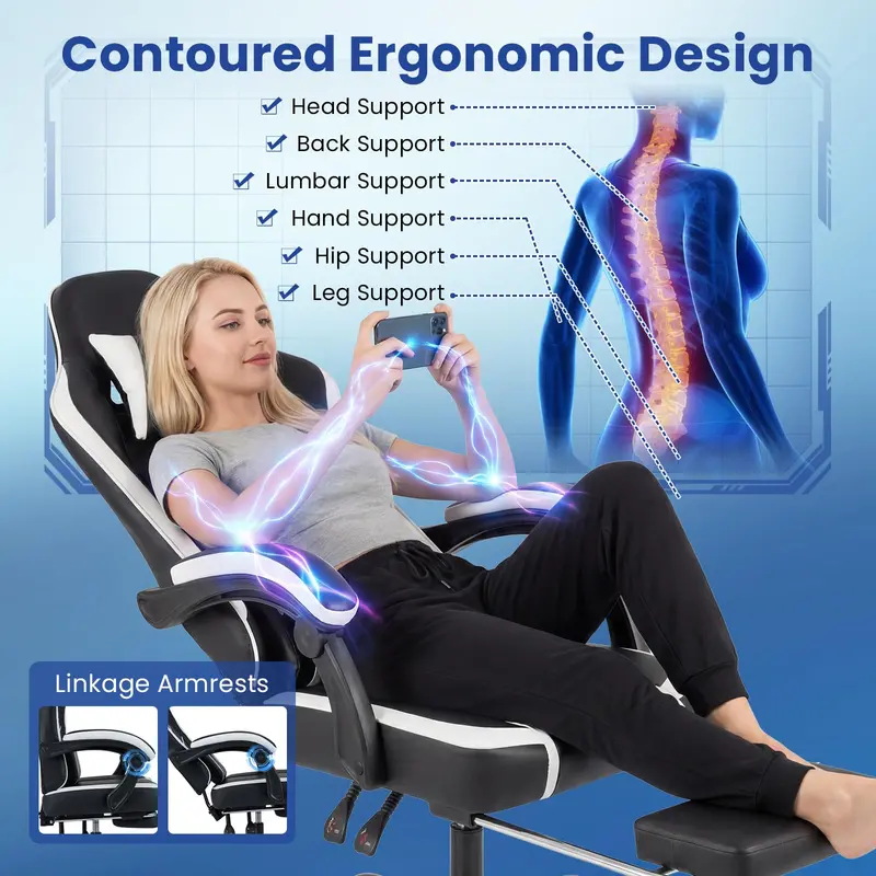 Lumbar-Support Computer Chair Featuring Integrated Footrest and Adjustable Linkage Armrests